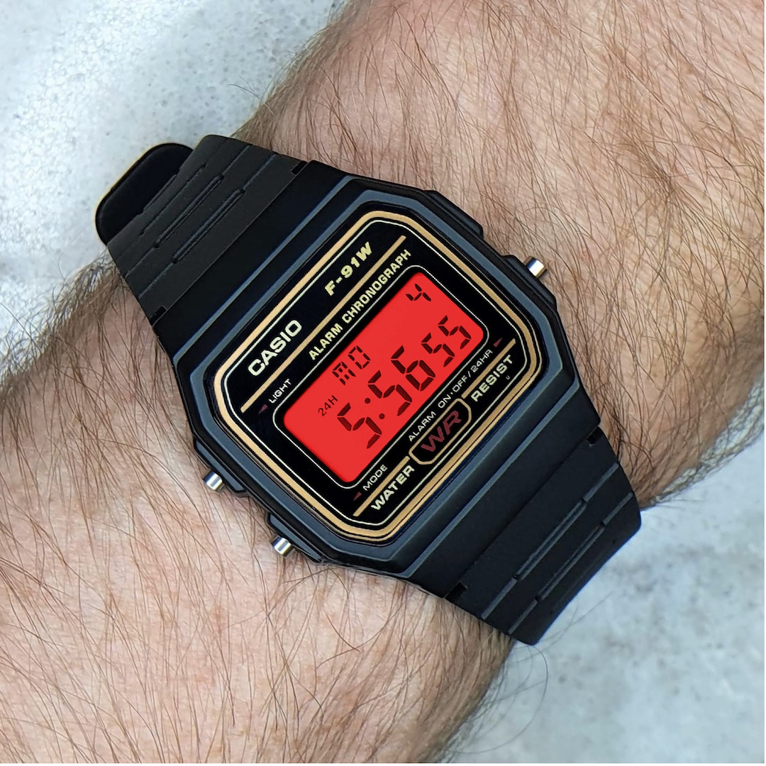 Governable knap insekt Casio Watch gold Detail With Flame Red Screen Mod F-91W - Etsy