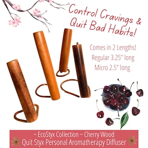 May include: Four cherry wood aromatherapy diffusers with copper-colored stands. The diffusers are cylindrical, with varying shades of brown. Text reads "Control Cravings & Quit Bad Habits!" and "Comes in 2 Lengths!" with measurements of 3.25" and 2.5".