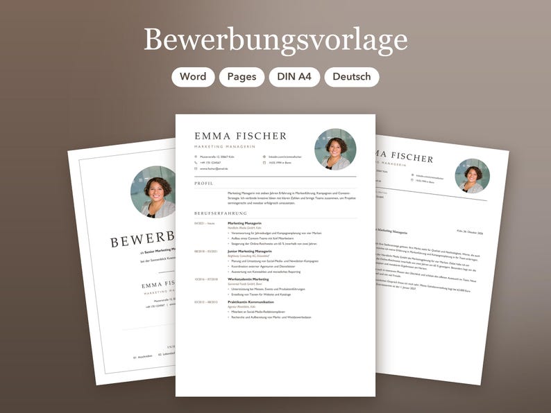 Modern Minimalist CV Template, Application Template in German for Word ...
