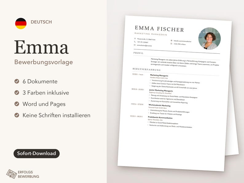 Modern Minimalist CV Template, Application Template in German for Word ...