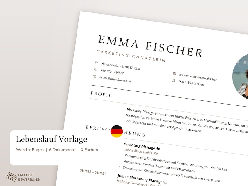 Modern Minimalist CV Template, Application Template in German for Word ...
