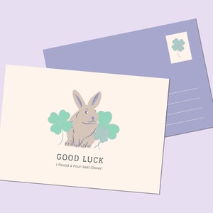 Good Luck I Found a Four-Leaf Clover! | Rabbit Illustration Postcard | Printable Art | Instant Download