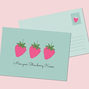 Tarjeta de la hoja de fresa / Falta sus besos de fresa / arte imprimible / tarjetas postales de fresas / descarga instantánea / cita de amor
