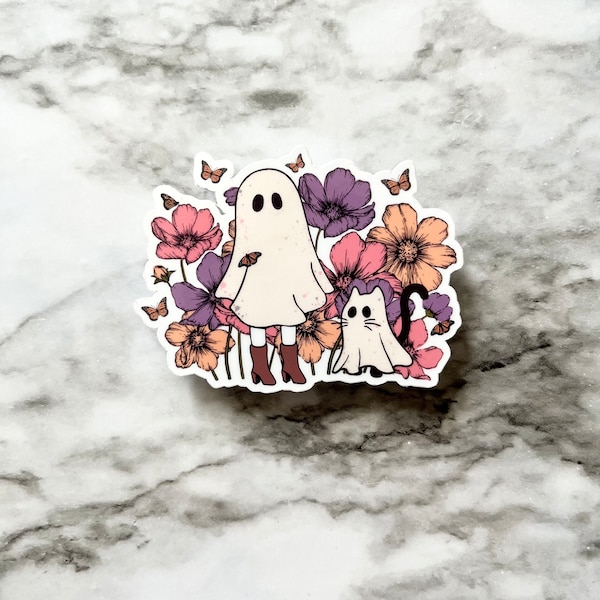 Ghost Stickers • Ghost Girl with Flowers • Spooky Stickers • Cat Ghost Sticker • Halloween Stickers • Ghost with Cat and Flowers