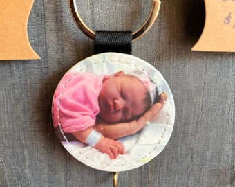 Custom Poly Leather Photo Keychain-Color Glittered Back- High Quality- Personalized, Key Chain