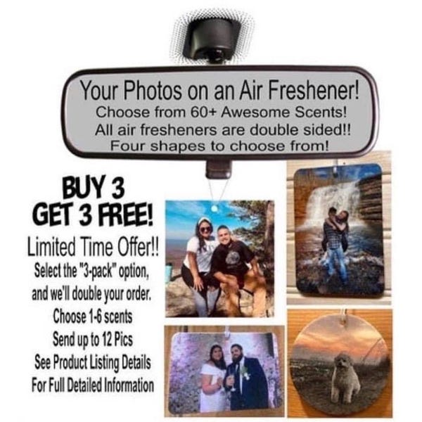 Custom Photo Air Freshener-Double Sided with 1-2 Different Pics Per Freshie-80+ Scents -Personalized-Cute Mirror-Your Photo-Car Scent-Truck
