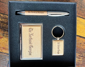 Business Gift Set-Laser Engraved-Business Card Case-Keychain-Pen-Personalized