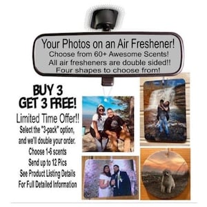 Custom Photo Air Freshener-Double Sided with 1-2 Different Pics Per Freshie-80+ Scents -Personalized-Cute Mirror-Your Photo-Car Scent-Truck