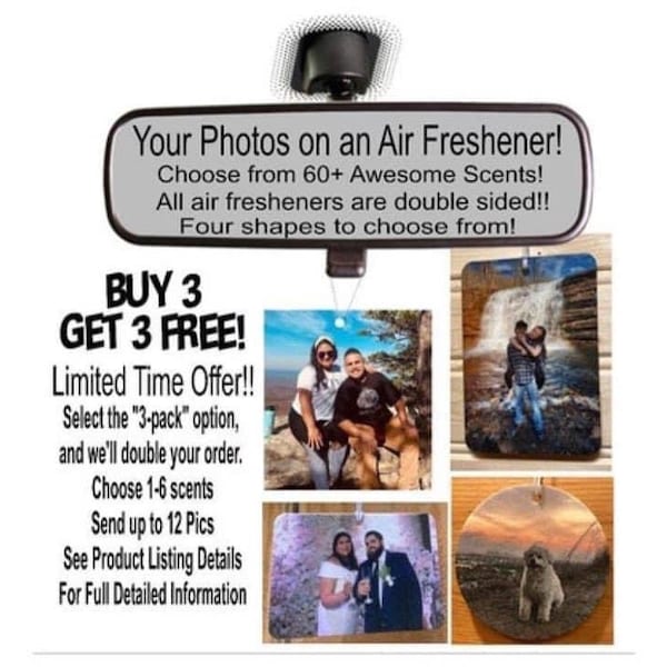 Custom Photo Air Freshener-Double Sided with 1-2 Different Pics Per Freshie-80+ Scents -Personalized-Cute Mirror-Your Photo-Car Scent-Truck