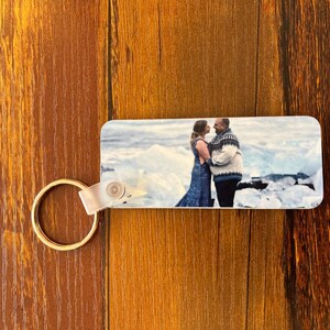 May include: A keychain with a photo of a couple standing on a snowy beach. The couple is wearing winter clothing and is looking at each other. The photo is printed on a white background.