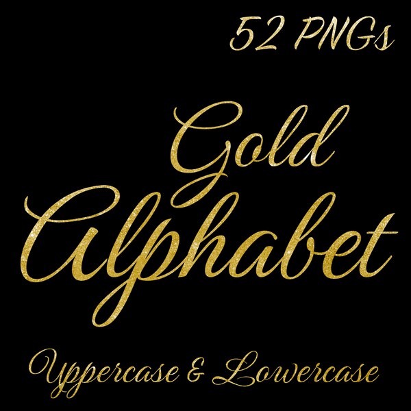 Gold glitter alphabet clipart files script letters uppercase lowercase fancy handwriting calligraphy png font