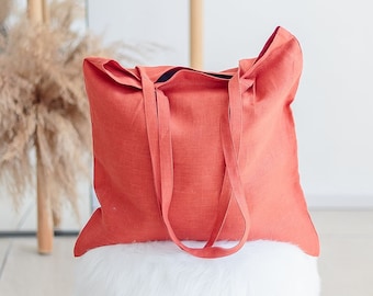 Barn Red Linen Tote bag with pocket. Reusable shopping tote. Stylish linen beach bag.