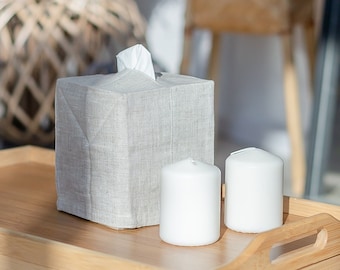 Natural Linen Tissue Box Cover. Bathroom Decor. Square Tissue holder.