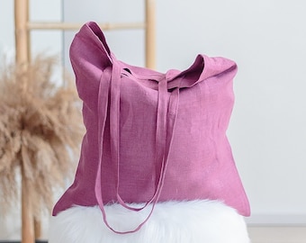 Cherry Linen Tote bag with pocket. Reusable shopping tote. Stylish linen beach bag.