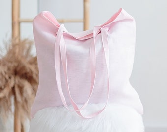 Soft pink  Linen Tote bag with pocket. Reusable shopping tote. Stylish linen beach bag.