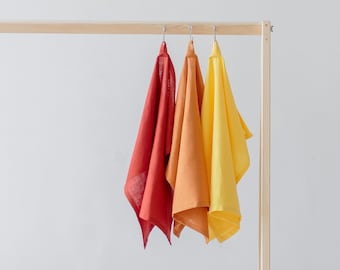 Soft linen tea towels. Yellow red and orange kitchen dish towel.