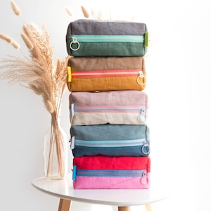 Mini Linen Quilted Pouches with colorful zippers. Personalizable Multi-color pencil case.