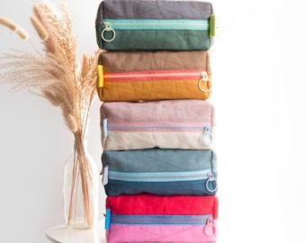 Mini Linen Quilted Pouches with colorful zippers. Personalizable Multi-color pencil case.