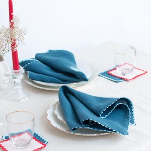 Deep Ocean linen dinner napkin with blue ric rac trim. Classic table decor. Birthday gift.