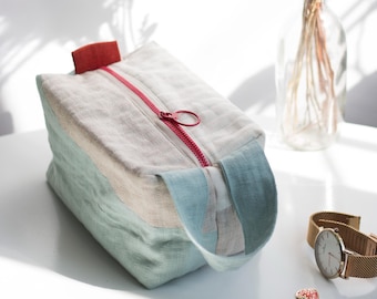 Red Blue Linen Quilted Pouch with colorful zipper. Boxy travel toiletry bag.