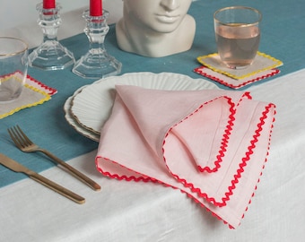 Pink linen dinner napkin with red rick rack trim. Classic table decor. Birthday gift.