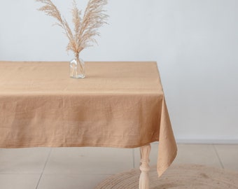Natural linen tablecloth in caramel brown. Square and rectangular table top. Custom size table linens.