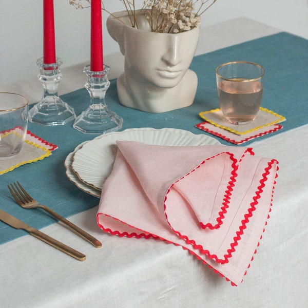 Pink linen dinner napkin with red rick rack trim. Classic table decor. Birthday gift.