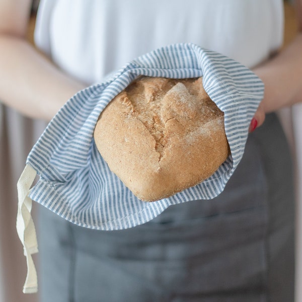 Linen Bread Bag. Zero waste food storage bag with Drawsting closure. Natural reusable bag for groceries sustainable shopping.
