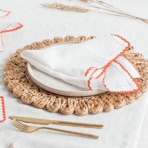 White linen dinner napkin with orange rick rack trim. Fall table decor. Thanksgiving gift.