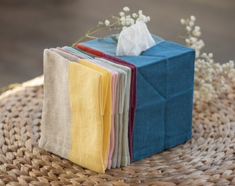Farmhouse Linen Tissue Box Cover. Pastel Room Decor. Square Tissue box holder. Danish Bathroom Decor.