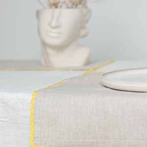 Natural linen dinner napkin with yellow rick rack trim. Classic table decor. Thanksgiving gift. image 2