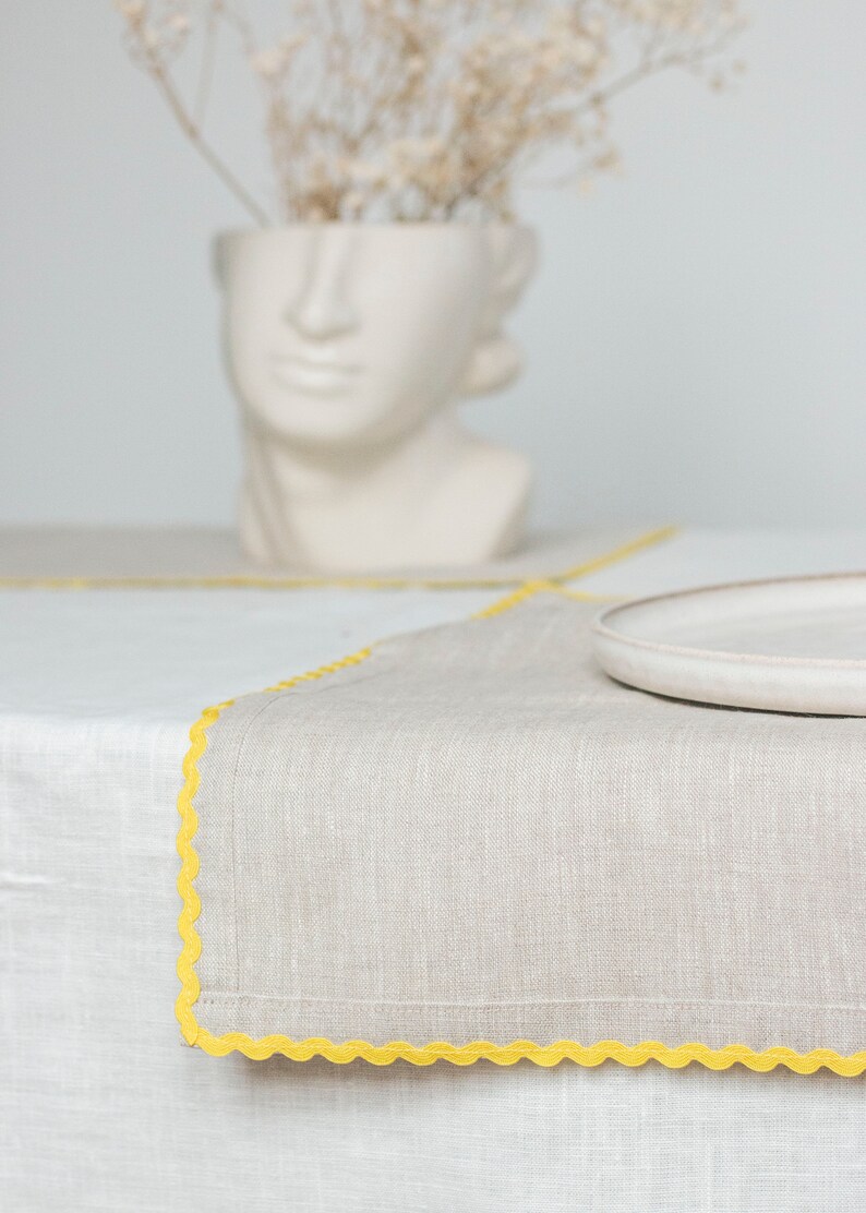 Natural linen dinner napkin with yellow rick rack trim. Classic table decor. Thanksgiving gift. image 2