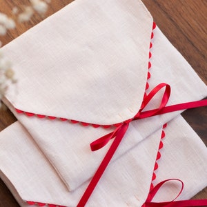 Pink Linen pouch with Red Trim. Elegant Book Wrap and Card Holder. Linen fabric envelope with bow tie.