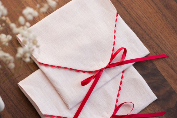 Pink Linen Envelope with Red Trim, Book Wrap & Card Holder with bowtie