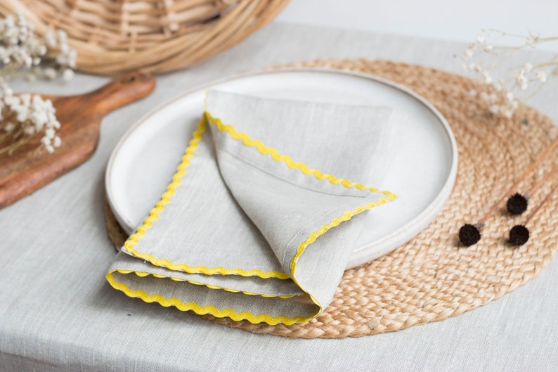 Natural linen dinner napkin with yellow rick rack trim. Classic table decor. Thanksgiving gift. image 3