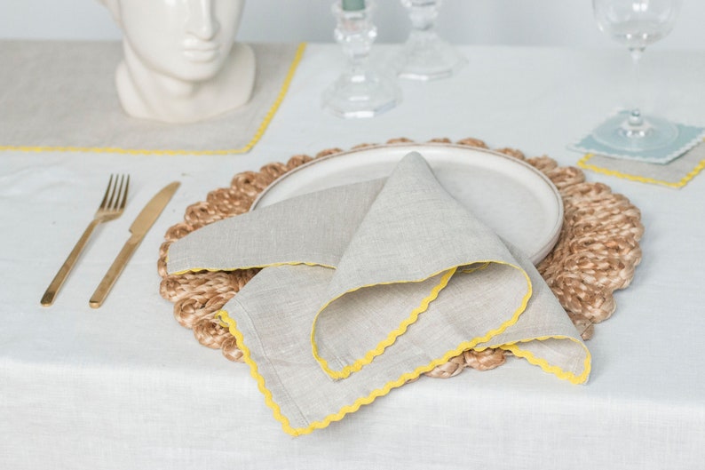 Natural linen dinner napkin with yellow rick rack trim. Classic table decor. Thanksgiving gift. image 1