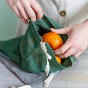Szmaragdowo zielony lniany worek na pieczywo – wielokrotnego użytku do przechowywania żywności z zamknięciem na sznurek, naturalny pojemnik na pieczywo