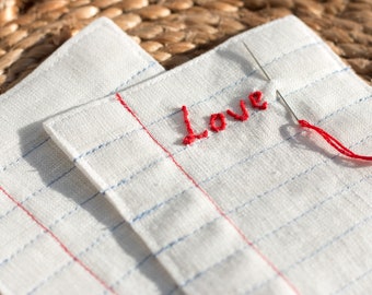 Love Notes. Linen coasters set with hand embroidery. Valentine gift.