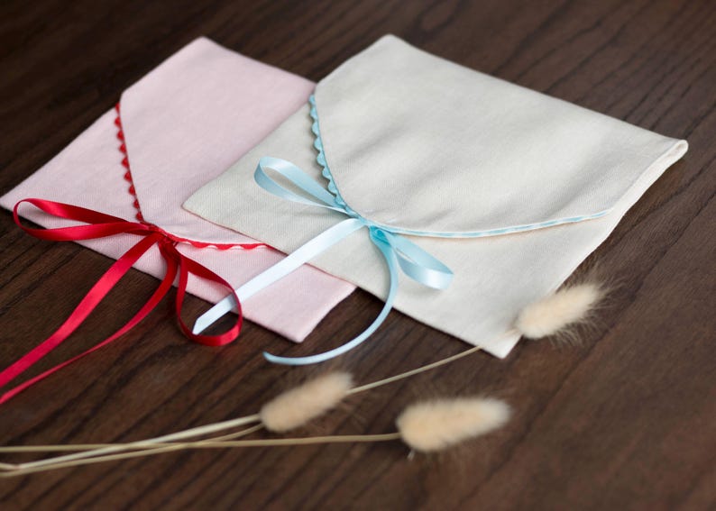 Pink Linen Envelope with Red Trim, Book Wrap & Card Holder with bowtie image 8