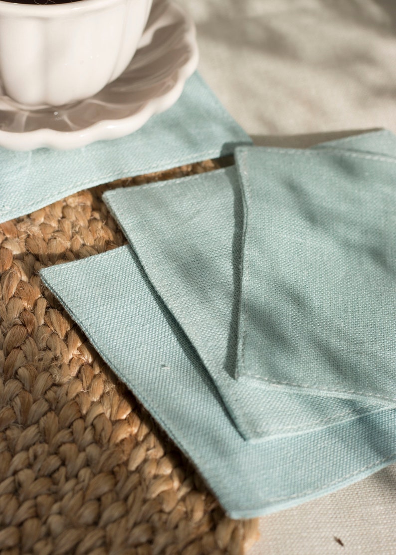 Duty Blue Linen Coasters. Set of 4, 6 coasters. Linen cocktail napkins. image 5