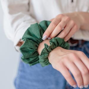 Emerald green Linen Scrunchies. Oversized Minimalist hair accessories.