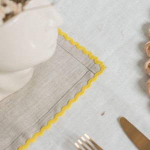 Natural linen dinner napkin with yellow rick rack trim. Classic table decor. Thanksgiving gift. image 5