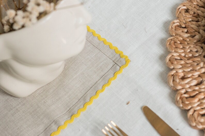 Natural linen dinner napkin with yellow rick rack trim. Classic table decor. Thanksgiving gift. image 5