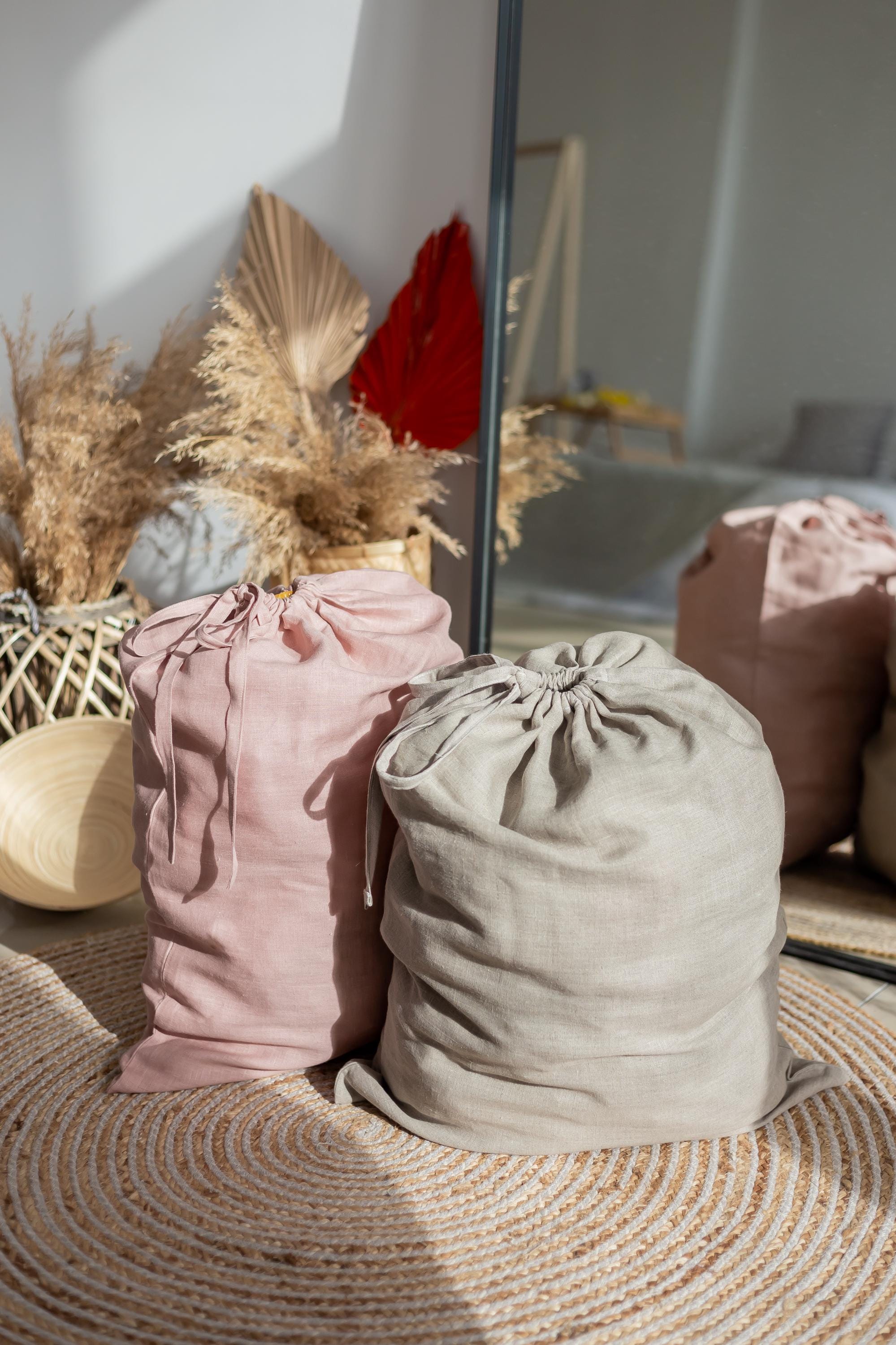 Linen Laundry Bag. Travel Laundry Bag With Straps. Hanging