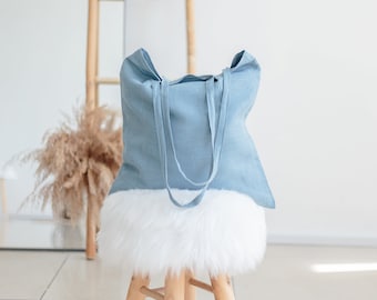 Blue Grey Linen Tote bag with pocket. Reusable shopping tote. Stylish  linen beach bag.