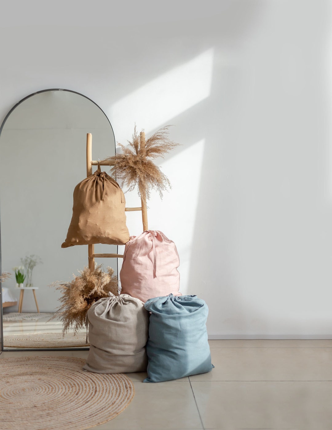 Linen Laundry Bag With Drawstring Closure. Linen Bag With Hanging Tab