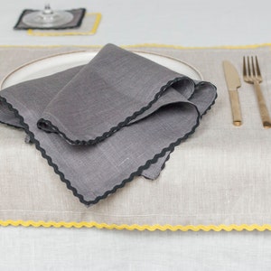 Natural linen dinner napkin with yellow rick rack trim. Classic table decor. Thanksgiving gift. image 7