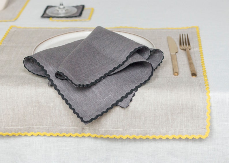 Natural linen dinner napkin with yellow rick rack trim. Classic table decor. Thanksgiving gift. image 7