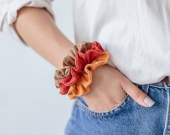 Natural Linen Scrunchies. Classic hair elastic set. Fall unique hair tie.