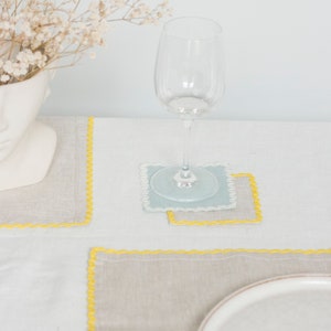 Natural linen dinner napkin with yellow rick rack trim. Classic table decor. Thanksgiving gift. image 6